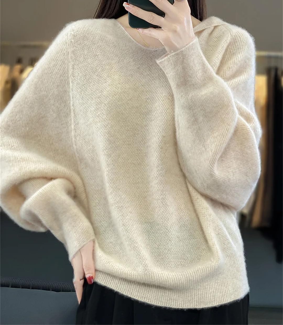 Moda Damska Luźny Sweter Z Długim Rękawem Wełna Merino Mock-Neck Pulower Bluzy Topy