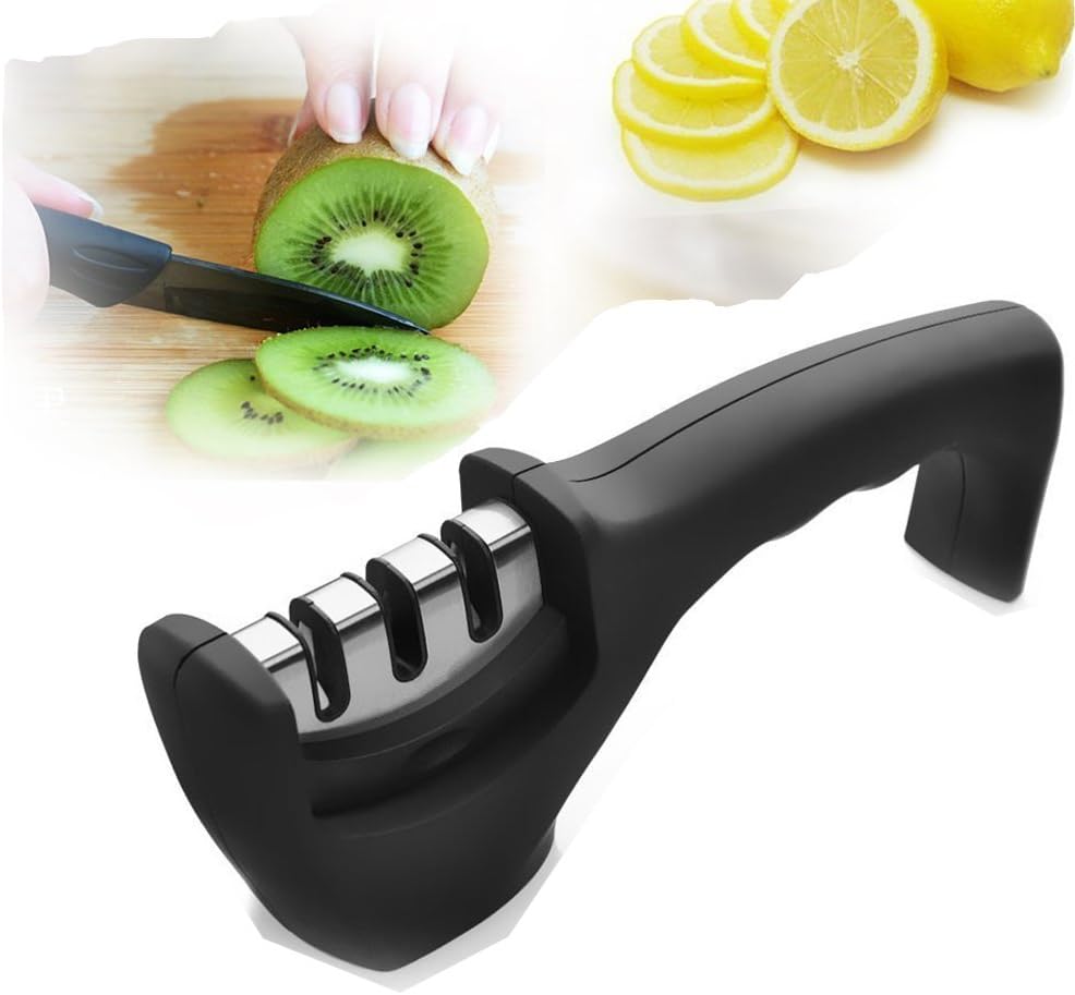 Stainless Steel Knife Sharpener - Curve Handle 3 Stage Professional Kitchen Use, for Steel and Ceramic Knives in All Sizes, Black
