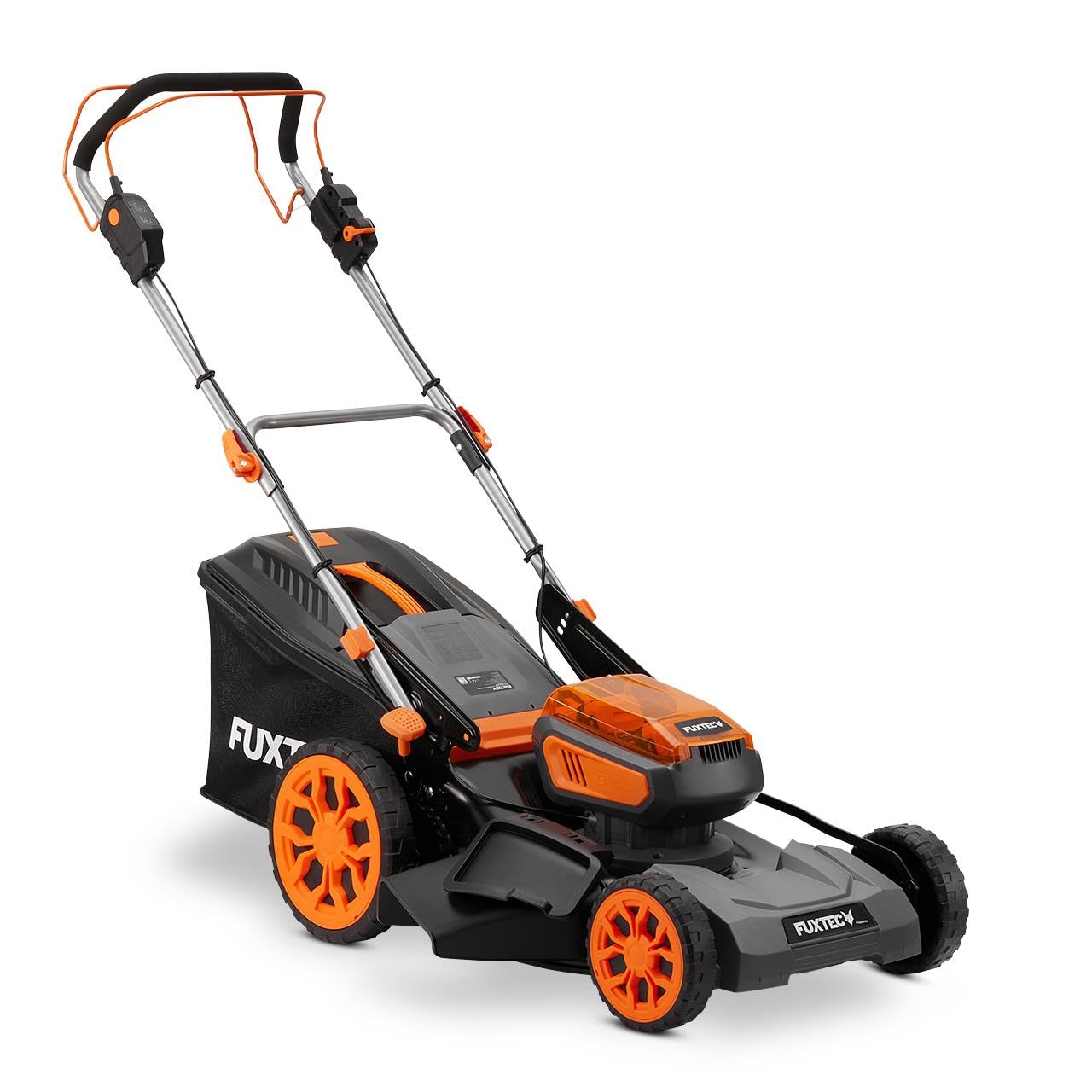 Cortacésped inalámbrico FUXTEC 40V FX-E2RM46PROSET con tracción, 46 cm, Altura 25–100 mm, Mulching, recogedor 50 L, 2 baterías 5Ah + Cargador rápido