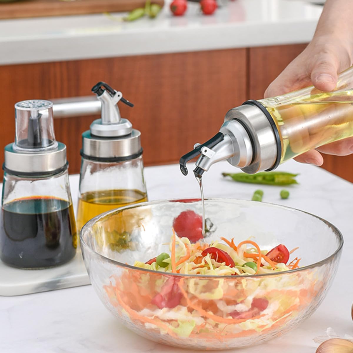 Lot de 3 Bouteilles en Verre pour Condiments, Distributeurs D'huile et Sauce Soja Bouchons en Silicone, Cuisine et Présents de Pendaison de Crémaillère