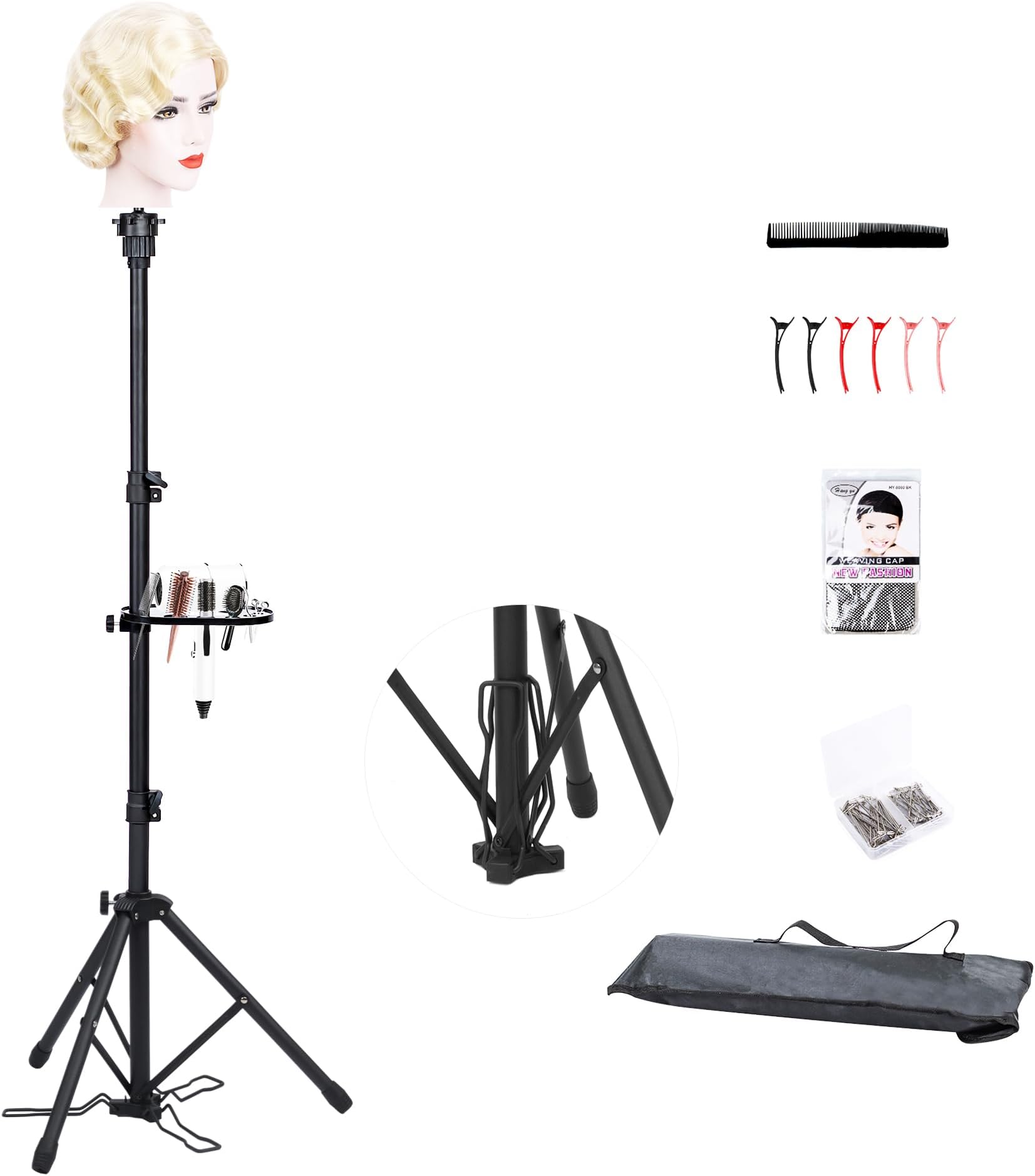 Klvied Wig Stand Tripod Adjustable Mannequin Head Stand with Foot Panel, Reinforced Metal Wig Head with Tool Tray for Cosmetology Hairdressing Styling Training