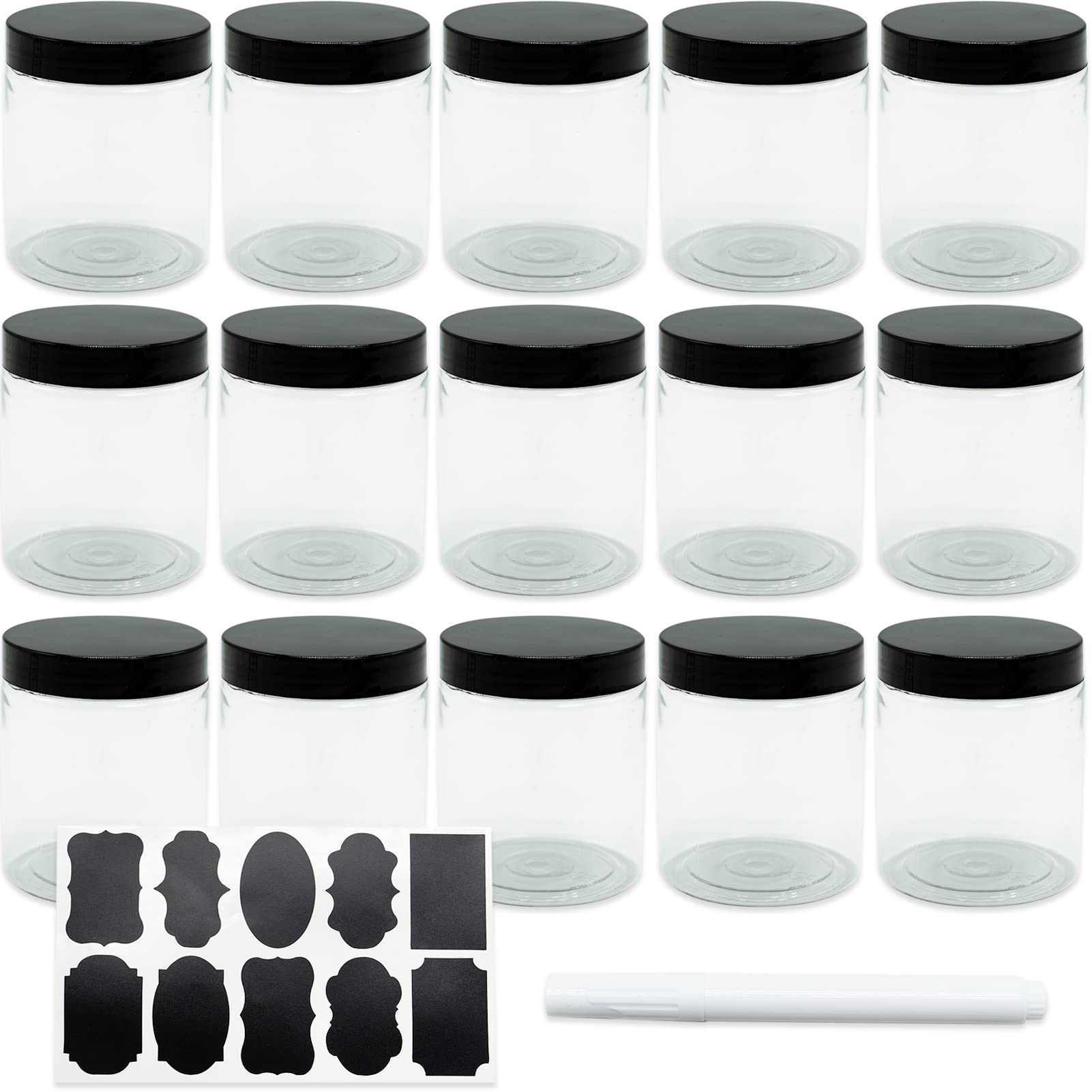 REBECASKYENS 15 Pack 8 Oz 250ml Round Clear Reusable Plastic Jars with Black Lids