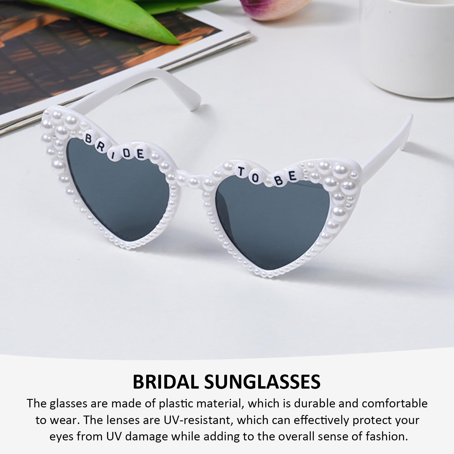1 x okulary z perłowym sercem, 1 x torba na okulary, okulary BRIDE TO BE, okulary przeciwsłoneczne dla panny młodej, okulary przeciwsłoneczne na wieczór kawalerski