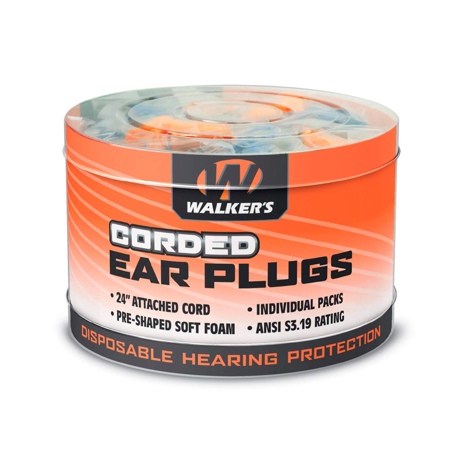Walker's Corded Foam Earplugs 50 Pair Jar Dispenser Tub 32dB NRR Noise-Blocking ANSI S3.19 Hearing Protection Shooting Hunting Work Soft Comfortable 24