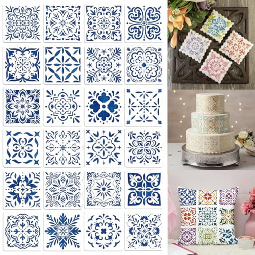 24 Pack Scroll Tile Stencils, 4 Inch Reusable Moroccan Scroll Tile Stencils for Painting Floors, Walls, Furniture, Crafts, Cake Decorating - Azulejo Tile Pattern Templates for DIY Home Decor & Baking