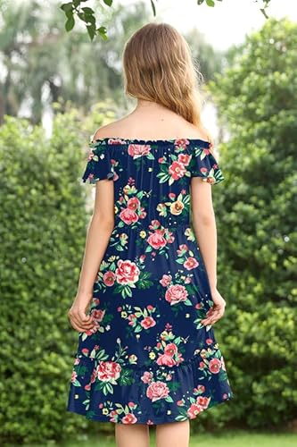Besserbay Little Girl's Off Shoulder Elastic Neckline Floral Sleeve Dress Navy Blue Knee Length Dress With Pockets 7-8 Years #TOP4
