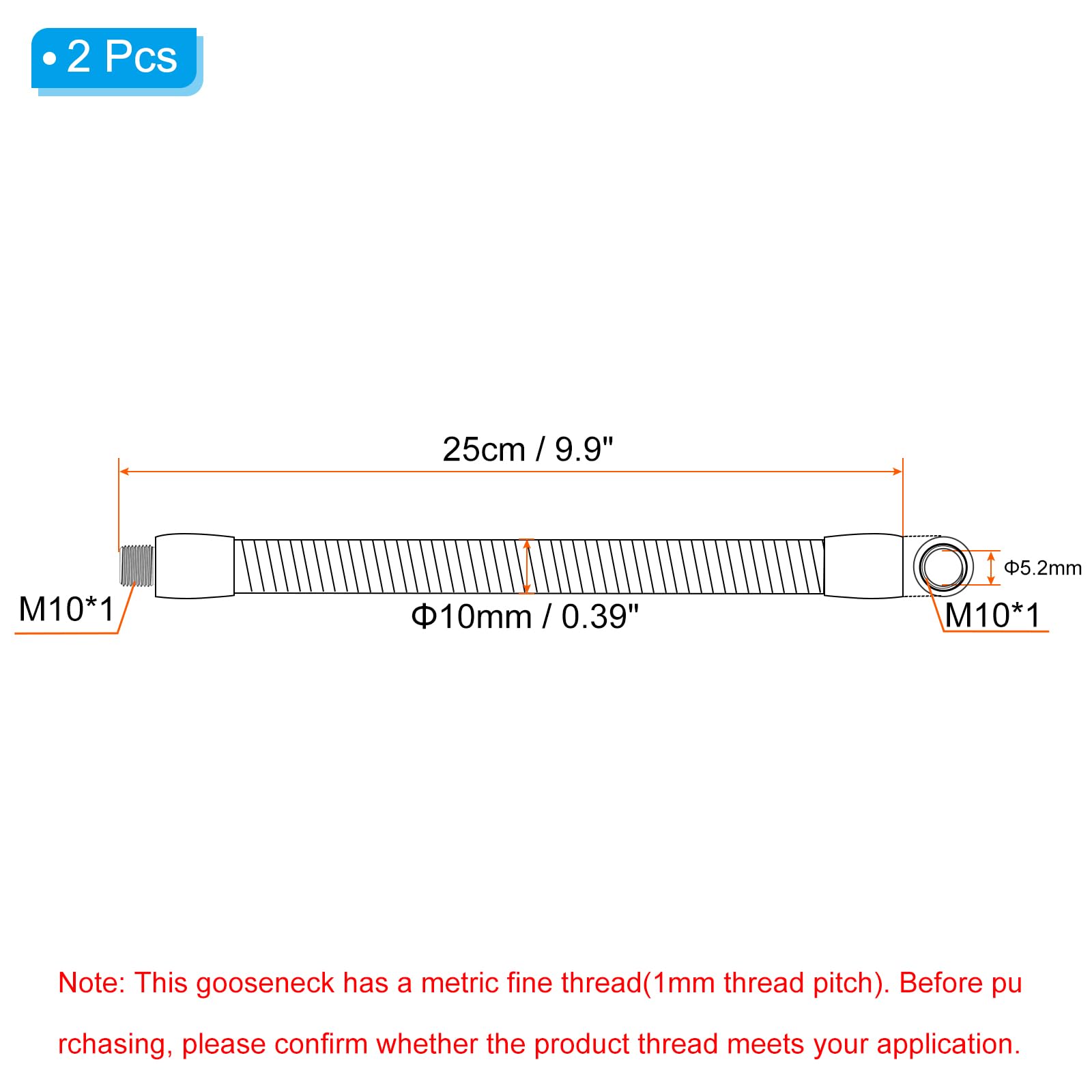 PATIKIL 9.9" Universal Gooseneck Hose, 2 Pcs M10 Fine Thread Bendable Metal Hose Flexible Arm Soft Tube Extension for Lamp, DIY Equipment, Black - Image 2