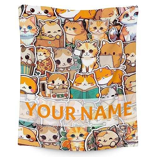 Personalized Cat Blanket Gifts with Name - 30"x40" Cute Throw for Kids & Adults - Yellow Soft Fuzzy Blankets for Couch & Office
