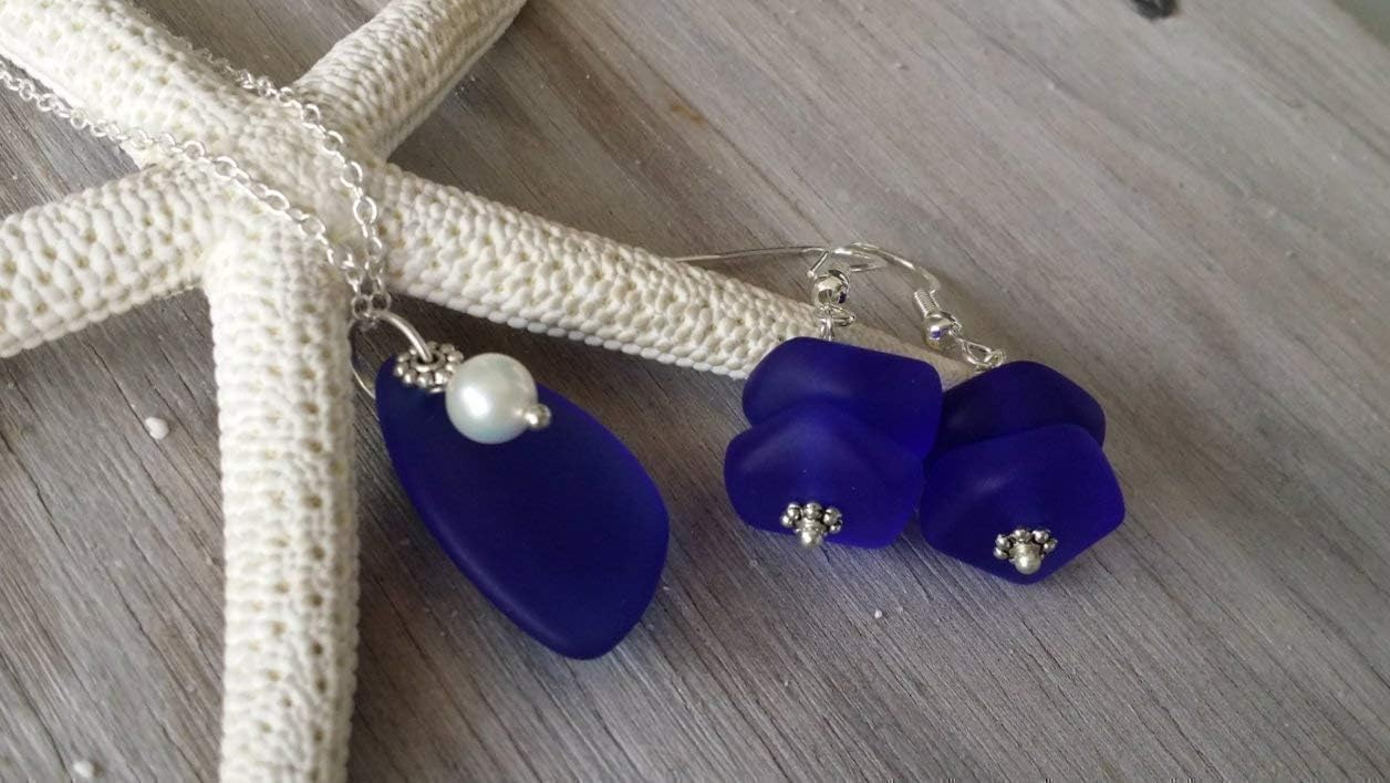 Handmade cobalt blue sea glass Necklace+Earrings Set, Natural pearl, (Hawaii Gift Wrapped, Customizable Gift Message)