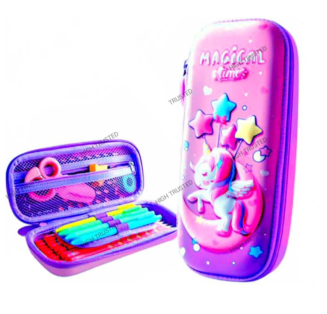 HIGH TRUSTED Polyester Large Capacity 3D Unicorn Cover Pencil Compass With Compartments, School Supply Organizer For Student, Stationery Box, Cosmetic Zip Pouch Bag - Pink