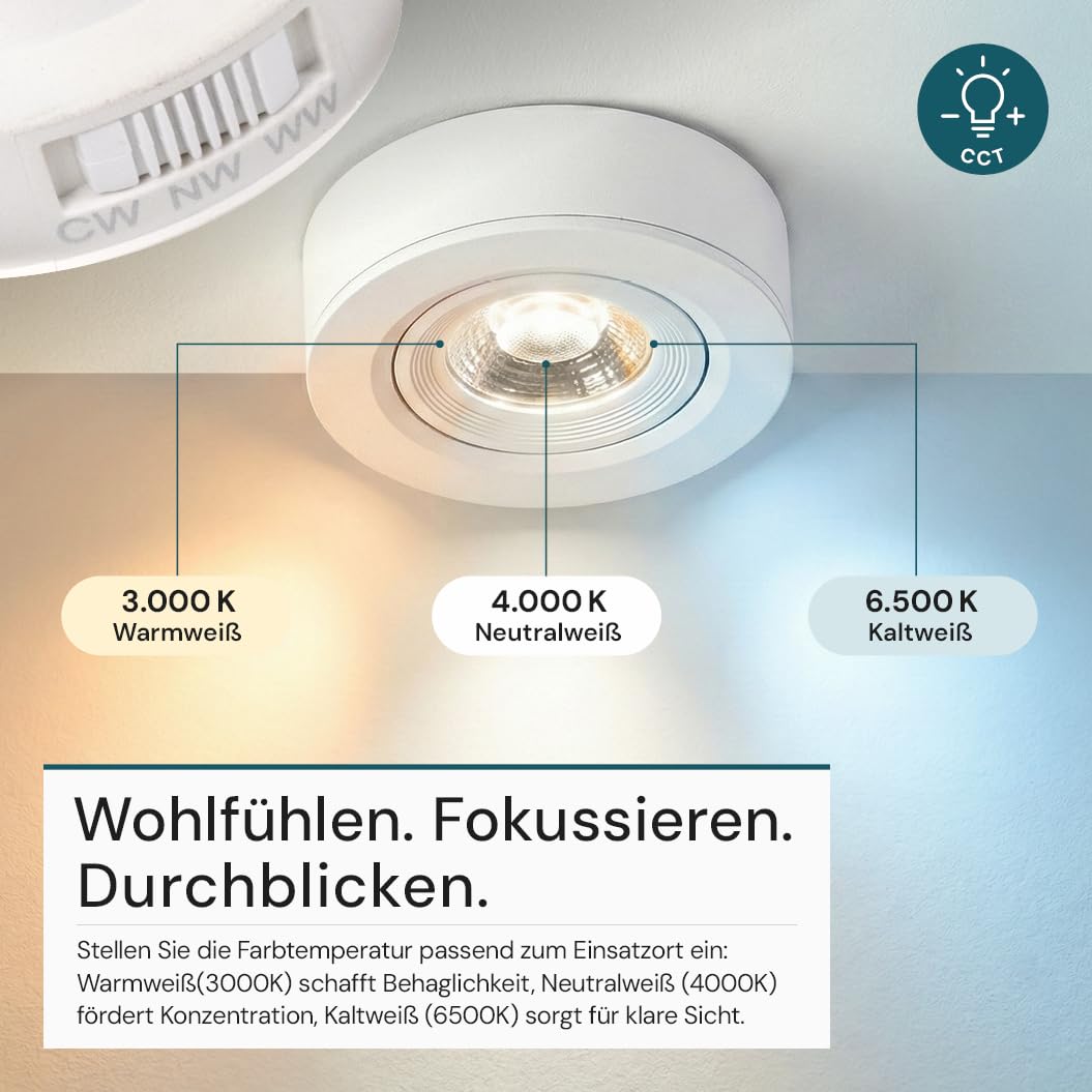 LUXULA LED Einbaustrahler dimmbar flach Weiß 6 Stück - Ein-/Aufbauspot 230V, Deckenleuchte 60° schwenkbar, 5 W 420 lm, CCT 3000K 4000K 6500K, Lochmaß 70-75mm, Deckenspots, LED Aufbaustrahler