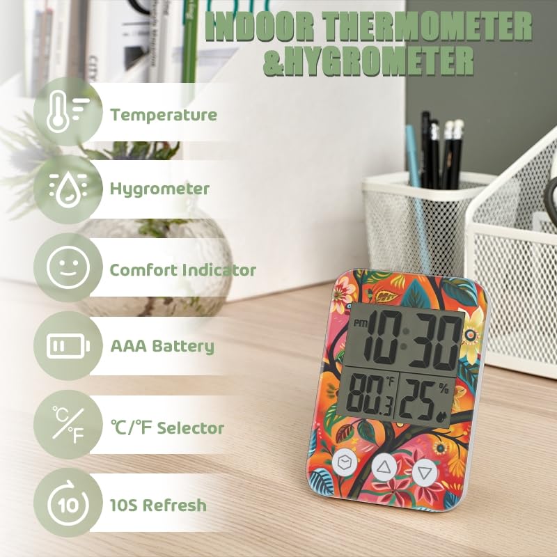 Digital Hygrometer Indoor Thermometer with High Accuracy Sensor LCD Display for Kitchen Baby Room Office-Colorful Tree with Leaves and Flowers in The Style of Folk