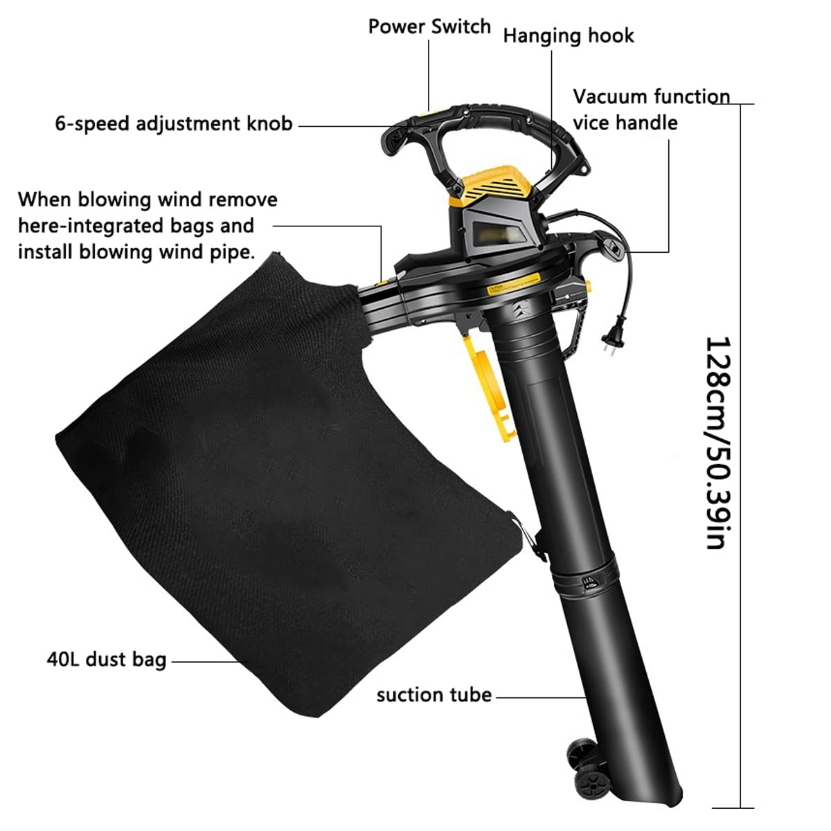 Soplador de Hojas, aspiradora de jardín de 3800 W, trituradora y soplador con 6 velocidades Variables, 3 en 1, Bolsa recolectora de 40 L, para Jardines, césped, Hojas y Nieve.