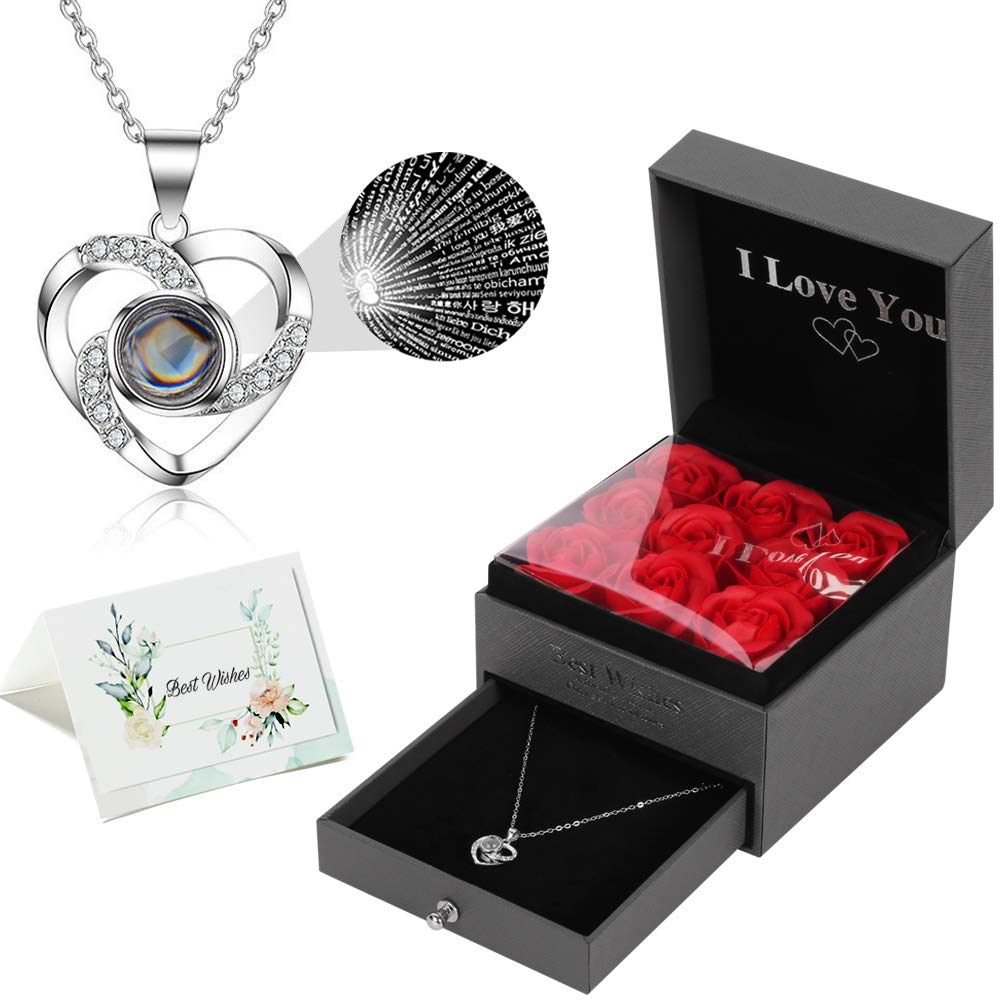 colorwood Preserved Rose Flower Gift Box Drawer with I Love You Necklace 100 Languages Gifts,Handmade Eternal Rose for her on Valentine's Day,Mother's Day Anniversary Wedding Romantic Set (Card-1)
