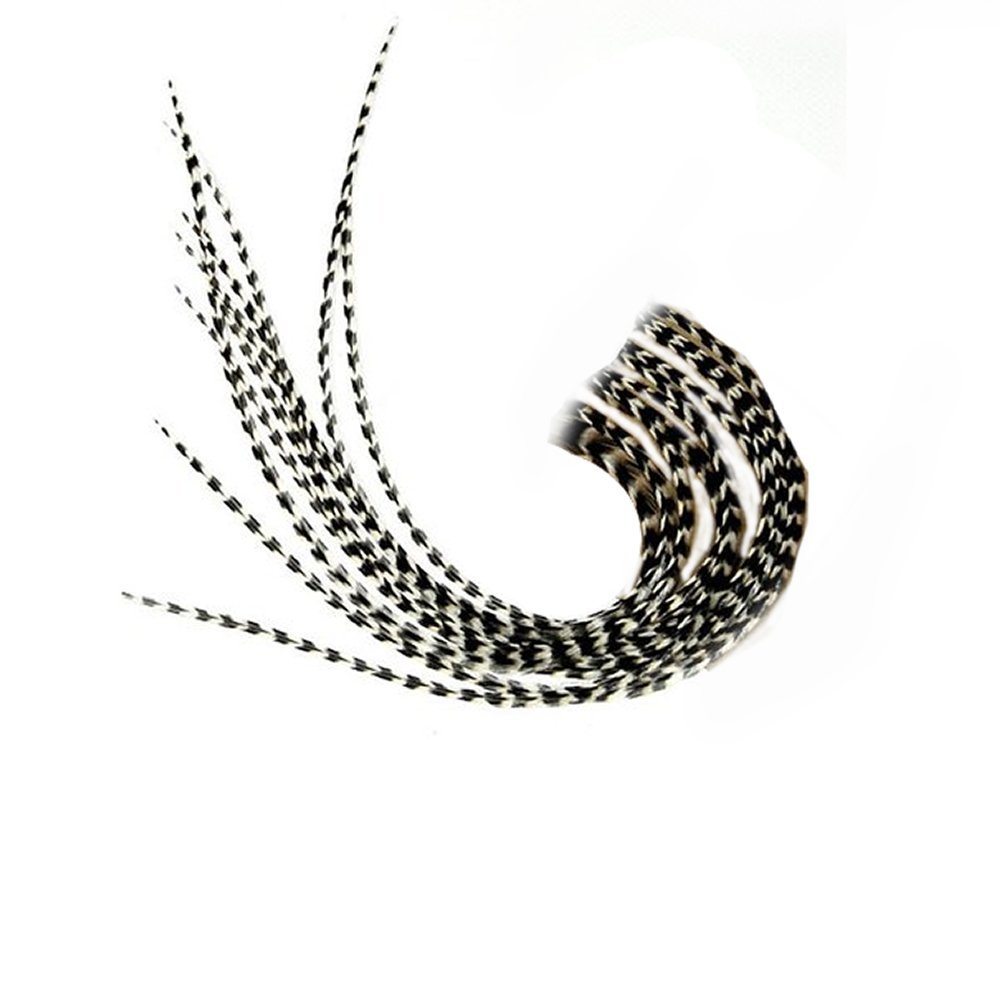 Feather Hair Extension – Long Real Natural Black and White Stripped Grizzly Feathers, All Single Feathers, Ranging From 7 to 10 Inches in Length, With