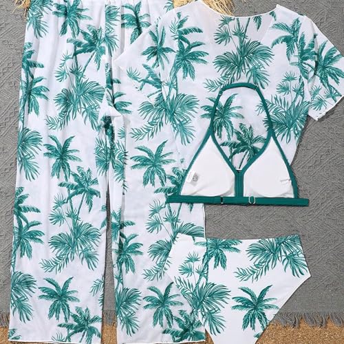 Girl's 4 Piece Swimsuits Tropical Print Halter Bikini Set Kids Bathing Suits with Kimono Cover Up Pants Tops Swimwear3