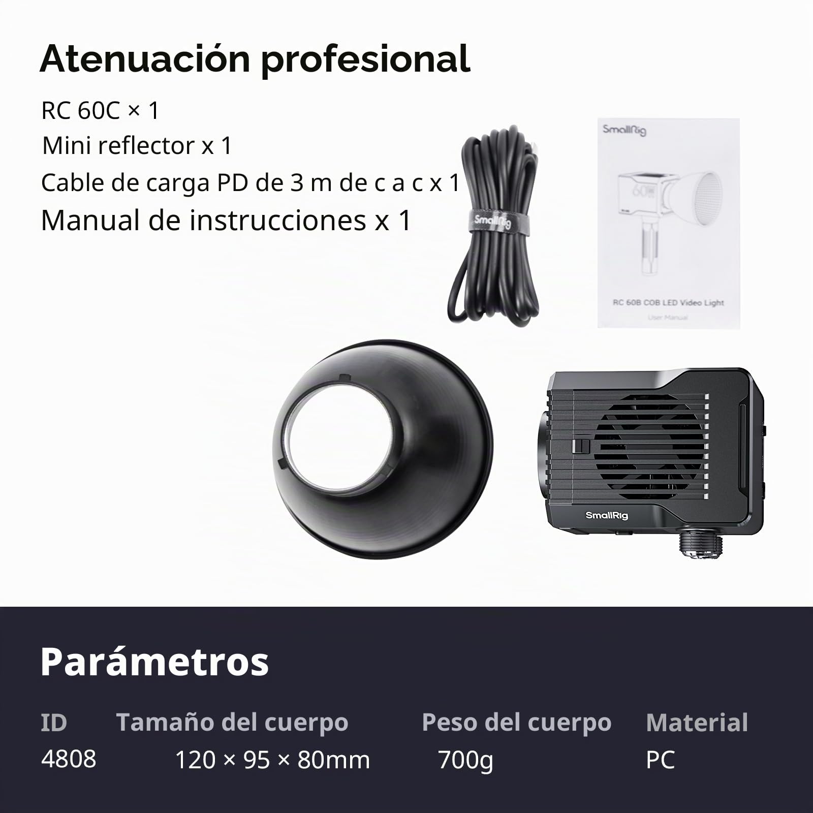 SMALLRIG Luz de Video LED RGB RC 60C, Temperatura de Color de 2500 K a 10 000 K, Compatible con Carga Rápida PD, Control Manual y Mediante Aplicación, con 12 Efectos de Luz, Edición Lite - 4808