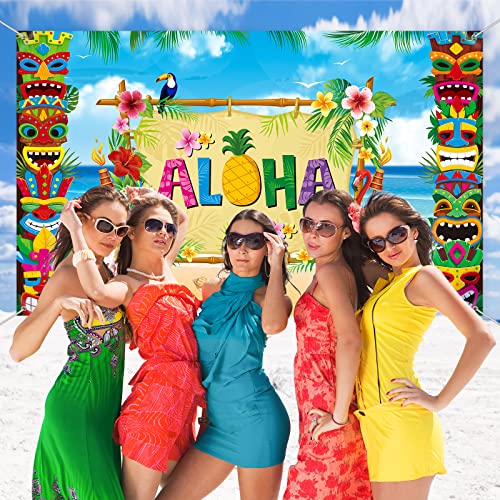Pajean Summer Hawaiian Aloha Backdrop 5.9x3.6ft Hawaiian Tiki Party Decoration Luau Beach Background Aloha Banner Photo Props for Luau Tropical Tiki Theme Party
