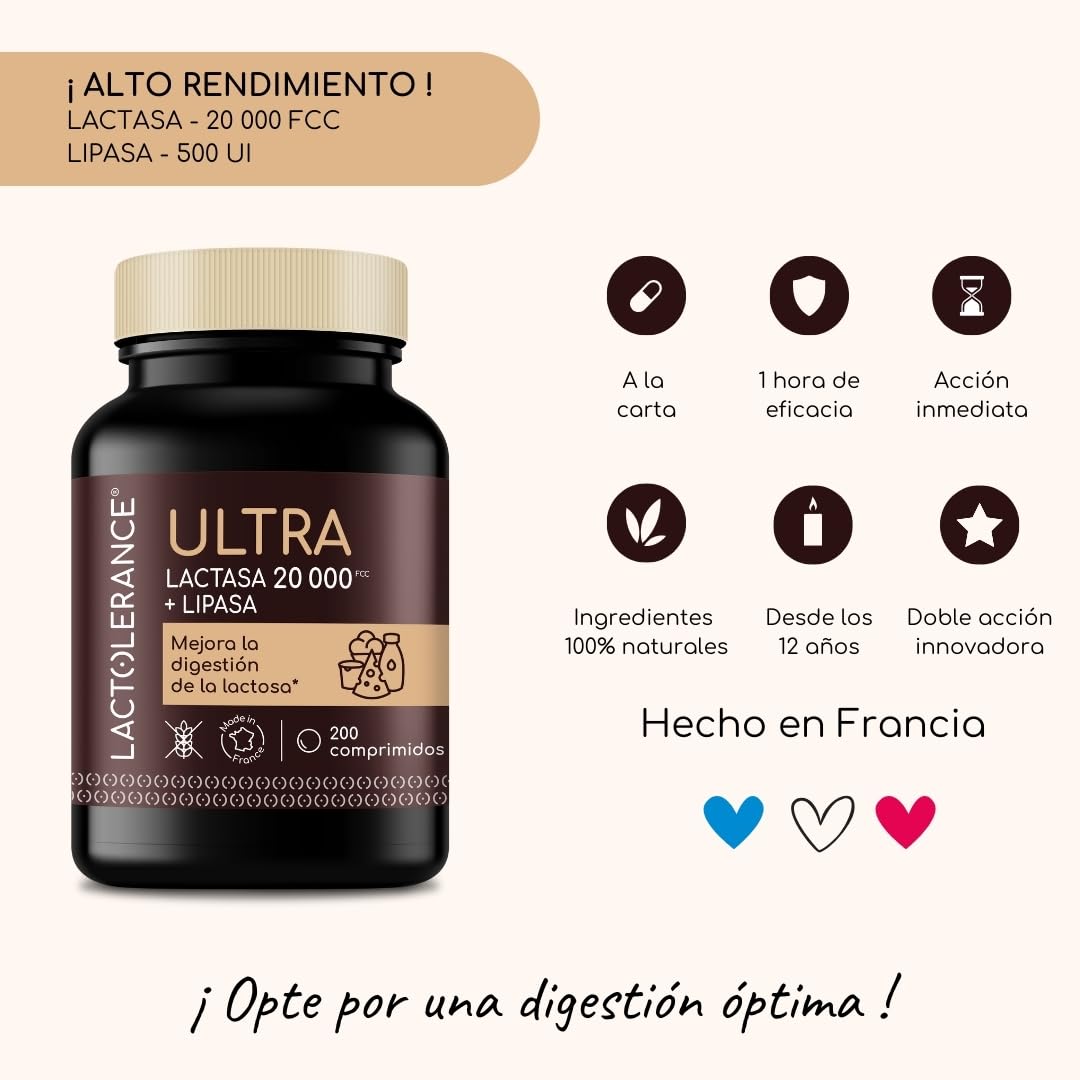 LACTOLERANCE ULTRA Lactasa 20.000 FCC, Lipasa 500 UI, 200 Pastillas | Doble acción sobre lactosa y grasas. Efecto inmediato. Enzimas digestivas. Formato ahorro. Sin sabor. Fabricado en Francia.