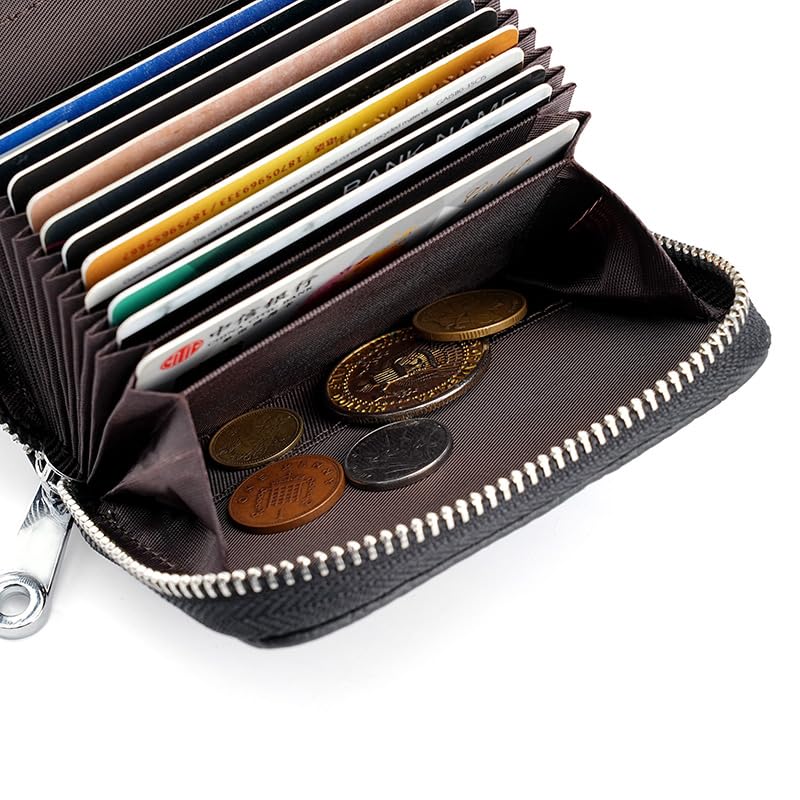 Image of Linno RFID 20 Slots Credit Card Holder Genuine Leather Small Wallet for Women or Men with Zipper, New Black, 4.1 x 3.3 x 1.18 inches, Fashion Accordion Card Case