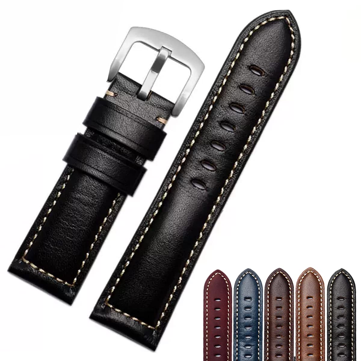 Strapseeker Top Grain Calf Leather Lex Premium Watch Straps- Genuine Leather Replacement Watch Bands for Men & Women- Compatible with Most Watches- Black, Brown, Blue, Dark Brown, 26mm (Black, 22mm)