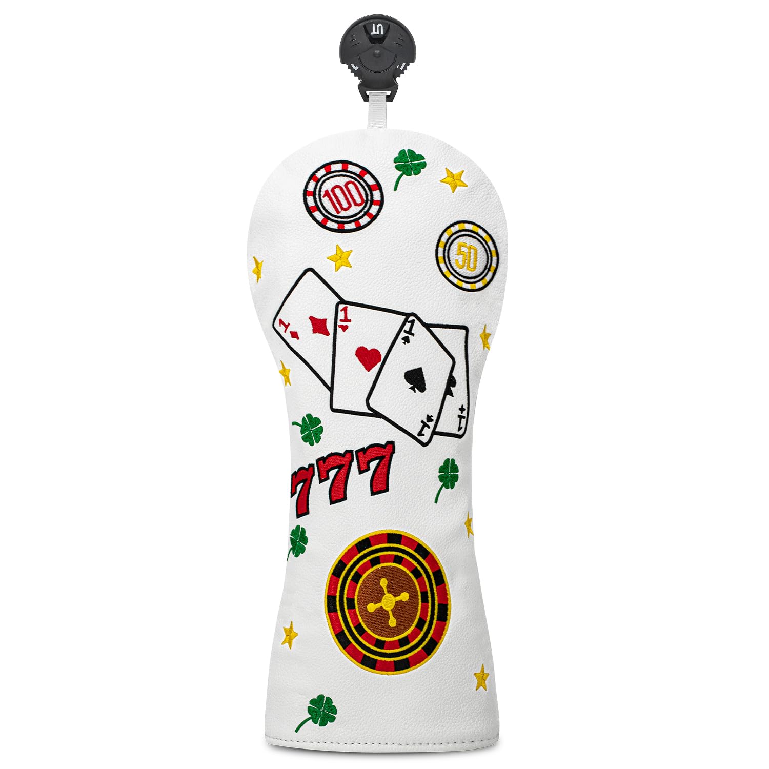 White 777 Playing Cards Funny Headcover - PU Leather Golf Club Cover with Embroidered Finish, Set Fits Driver Fairway Hybrid Woods
