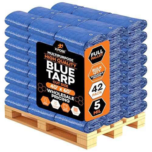 Image of Better Blue Poly Tarp 40' x 60' - Full Pallet (42 Pack) (Cut Size) Multipurpose Protective Cover - Lightweight, Durable, Waterproof, Weather Proof - 5 Mil Thick Polyethylene - by Xpose Safety