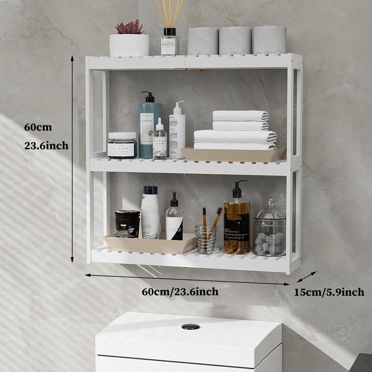 Genérico Estante de bambú para Colocar sobre el Inodoro, Organizador de Pared de 3 Niveles para baño, Cocina y Sala de Estar, estantes flotantes, Elegante Acabado Negro, solución Que Ahorra Espacio.