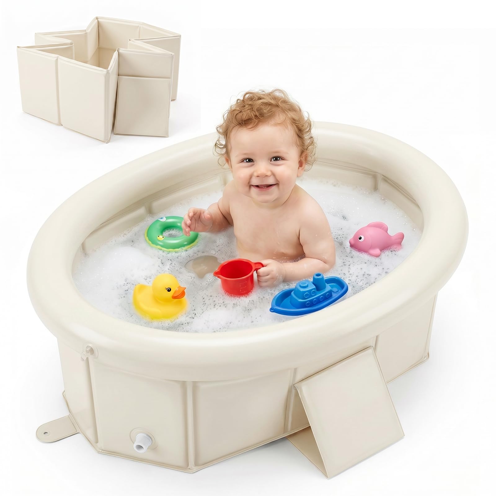 Orzbow Baby Bath tub with Inflatable Top Edge, Foldable Baby Bath Without Assembly, Portable Toddler Bath Tub for Infant Kids 6M - 6Y, Extra Stable & Durable, Baby Travel Essentials, Beige