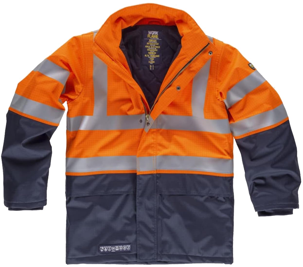 WORKTEAM Parka Ignífuga Alta Visibilidad, Antiestática con Protección Contra Soldadura, Arco Eléctrico, Ambientes Fríos, Lluvia y contra Productos Químicos. Waterproof. Unisex Naranja A.V.+Marino XXL