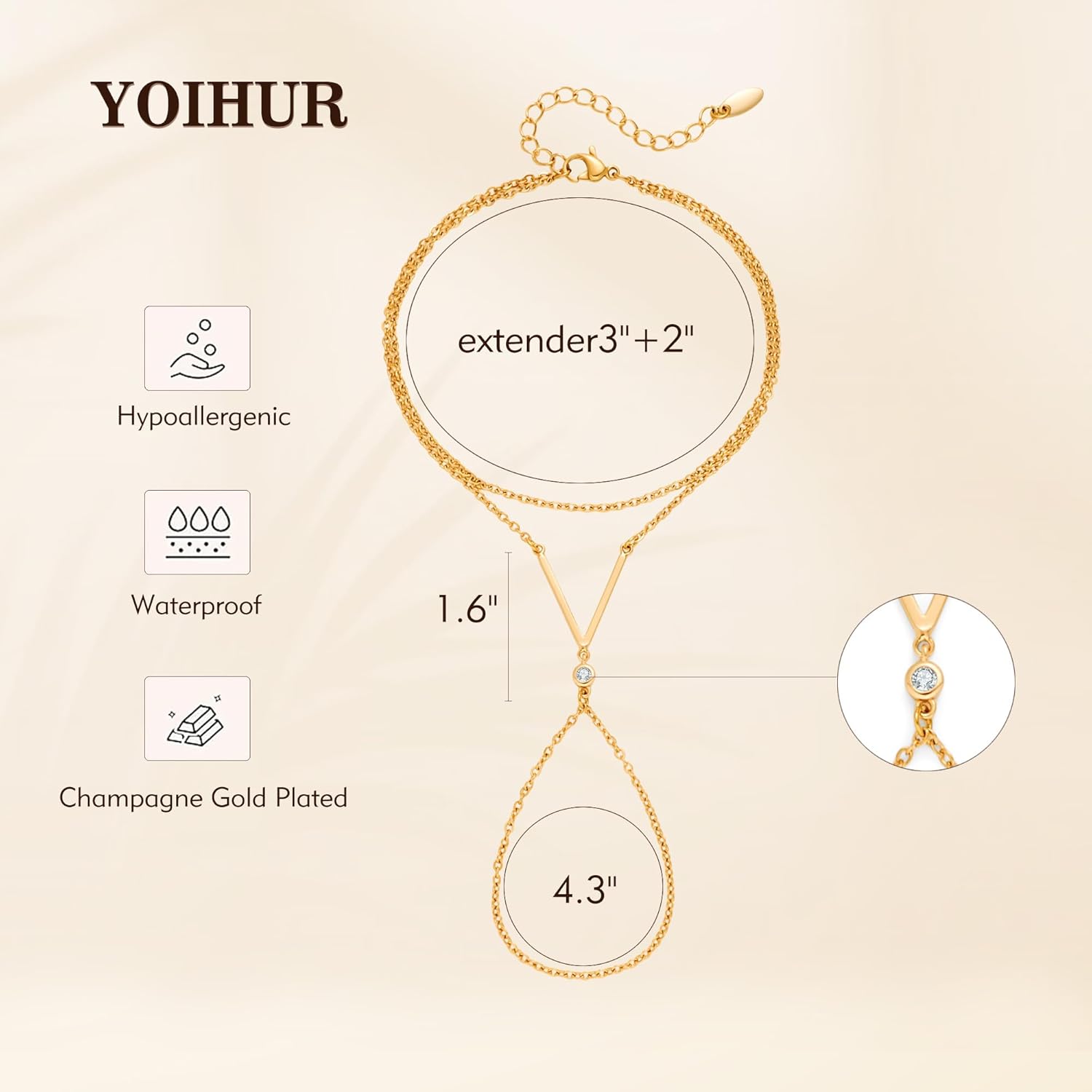 YOIHUR Champagne Gold Plated Hand Chains for Women, Adjustable Hand Chain Bracelet and Ring, Gold Hand Chain Bracelets Stack Jewellery Stars and Cubic Zirconia Hand Jewelry for Valentine's Day - Image 6