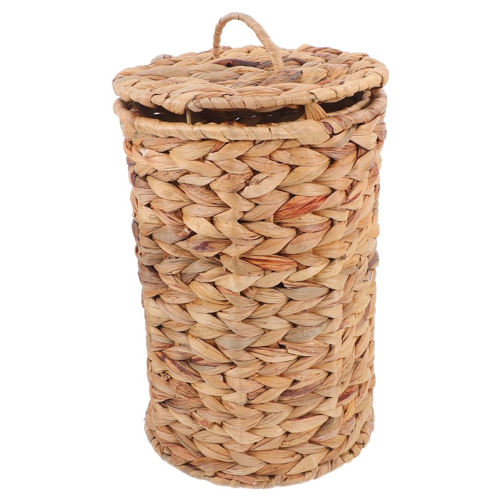 Cesto de Basura Tejido de Hierba Calabaza con Tapa, Estilo Rústico | Mimbre, Papelera de Escritorio, Uso en Salón, Diseño Decorativo y Artesanal