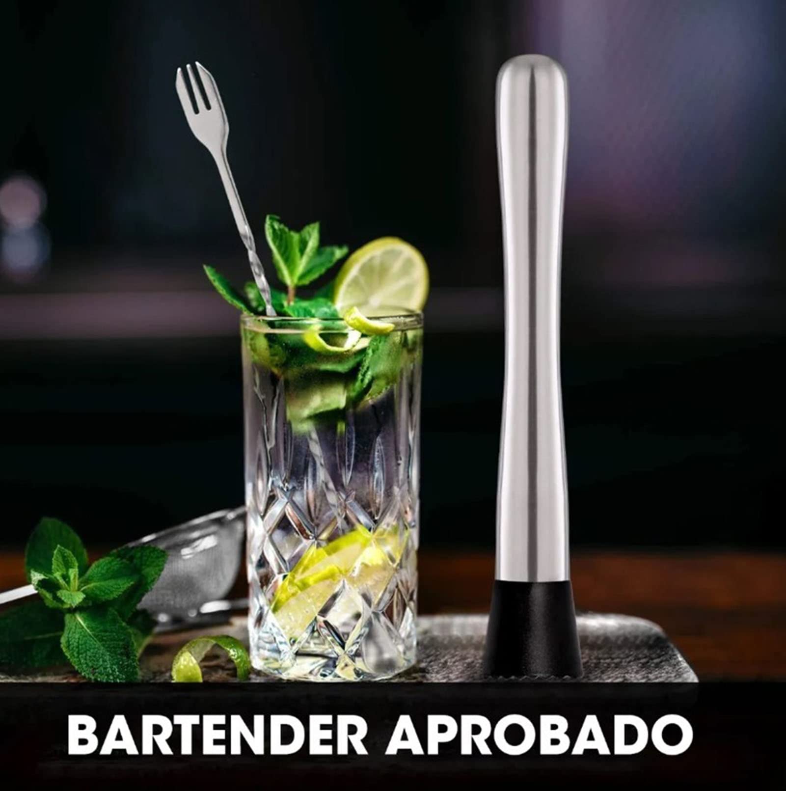 Mojito Muddler Bar Tool Set, 3 PCS Cocktail Set Mixing Tools Stainless Steel Cocktail Muddler with Cocktail Spoon Long Handle and Jigger for Mojitos Fruit Drinks