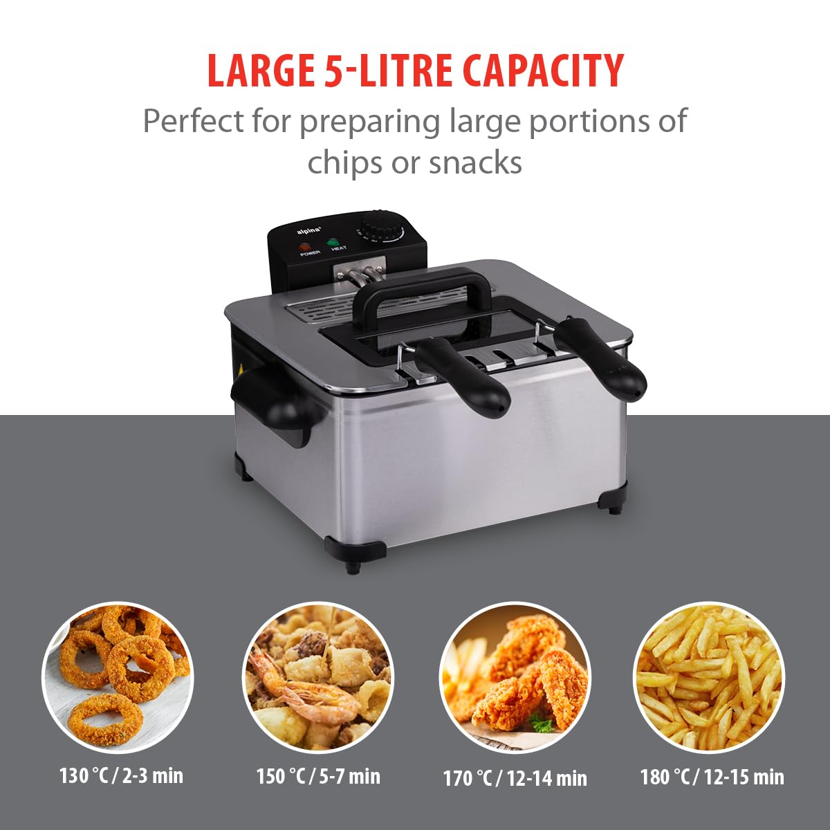 alpina Freidora 5 litros - Freidora con grasa - Freidora aceite 200W - Dos cestas de freír - Temperatura ajustable - para 4 a 6 personas - 275 x 215 x 305 mm - Metal - Negro/Plata