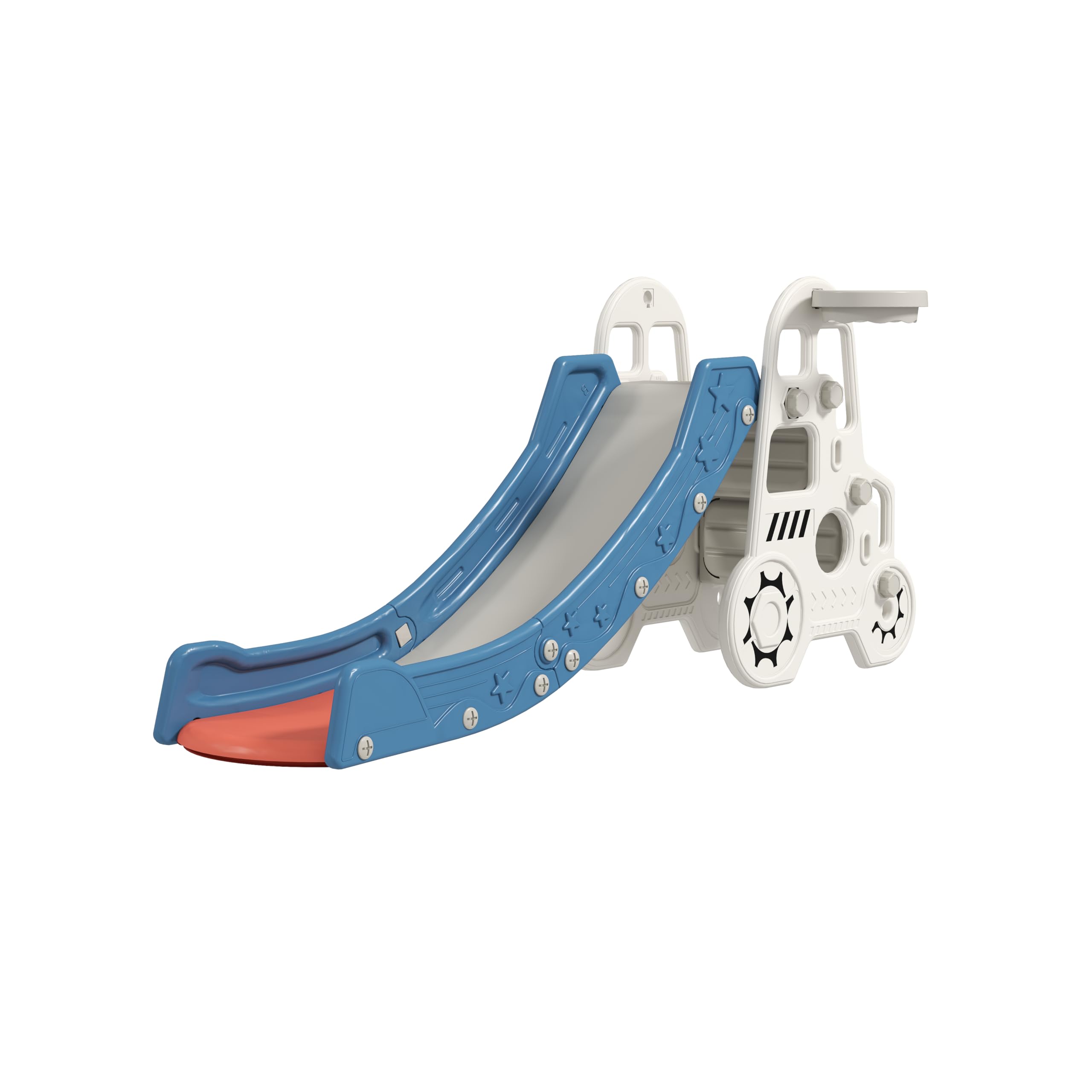 Kintness 3 in 1 Kleinkind Rutsche, Auto Design Kinder Rutsche Kletterer Spielset mit Basketballkorb Indoor & Outdoor Kleinkind Spielplatz mit Anti-Rutsch Stufen für Baby, Blau und Weiß