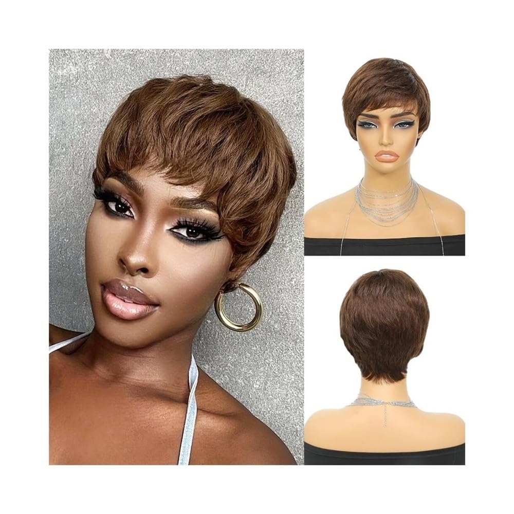 Haaraufsätze Peluca Corta de Cabello Humano en Capas Color marrón Chocolate, Corte Pixie, 4#, Liso, con Flequillo