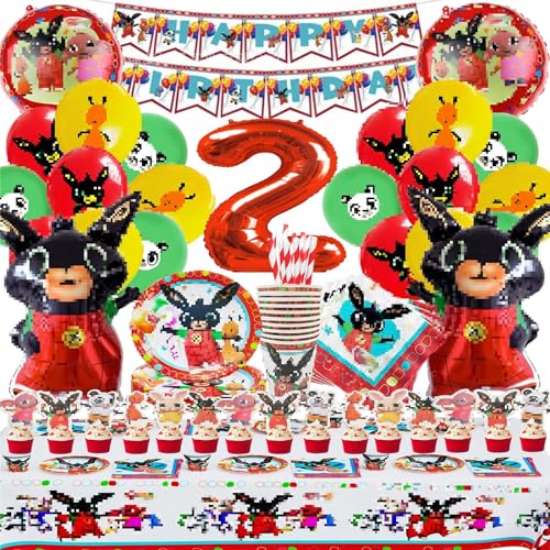 Bemoseng Bing Compleanno 2, 101 Pcs Stoviglie esta Compleanno, Bing Decorazioni per la tavola del C-ompleanno del Coniglietto, Piatto Bandiera Tovagliolo Tazza Tovaglia per Feste di C-ompleanno