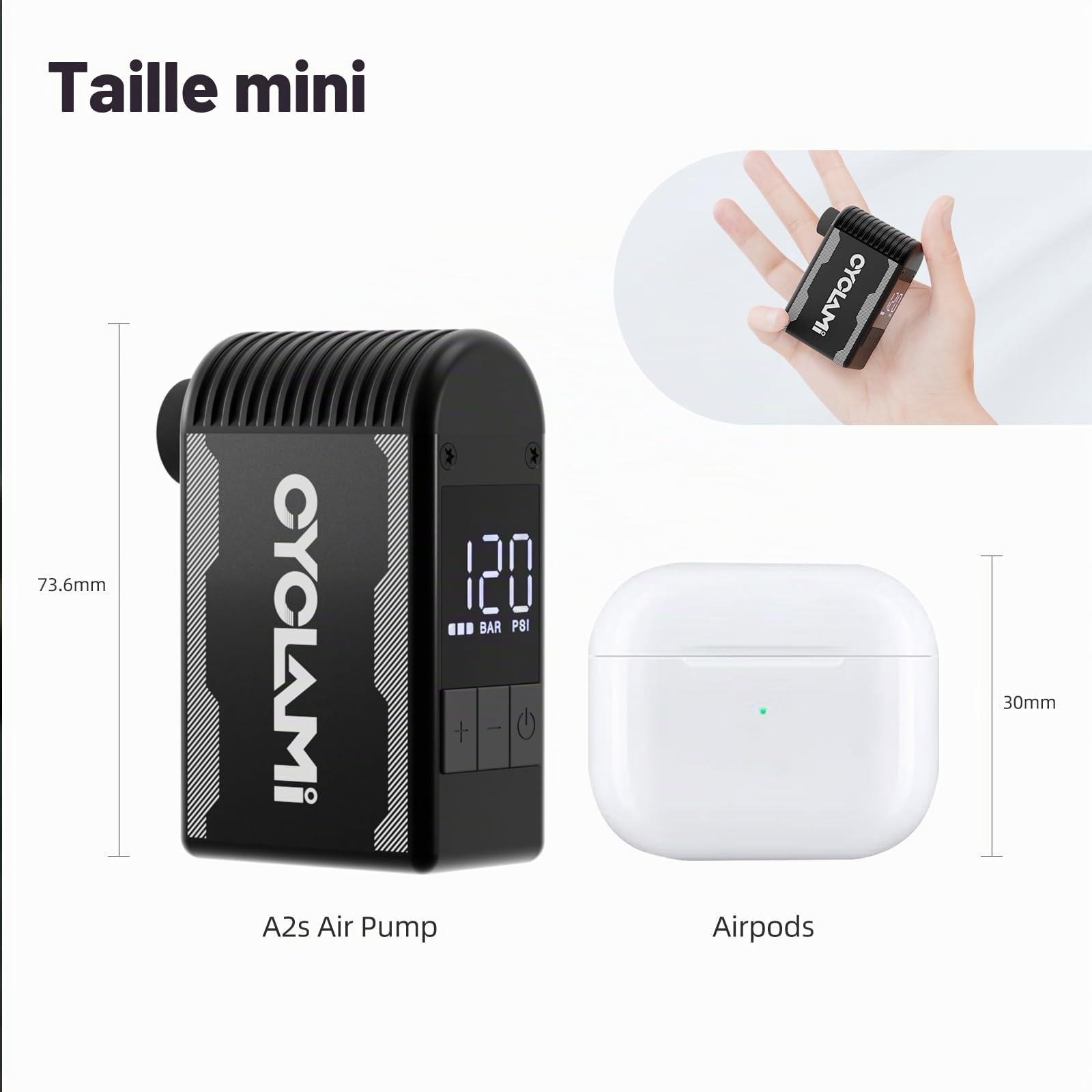 A2S Pompe à Vélo Electrique Mini Pompe Velo Portable avec Manomètre Numérique Max 12 PSI arrêt Automatique pour Tous Les vélos pour Valve Schrader et Presta