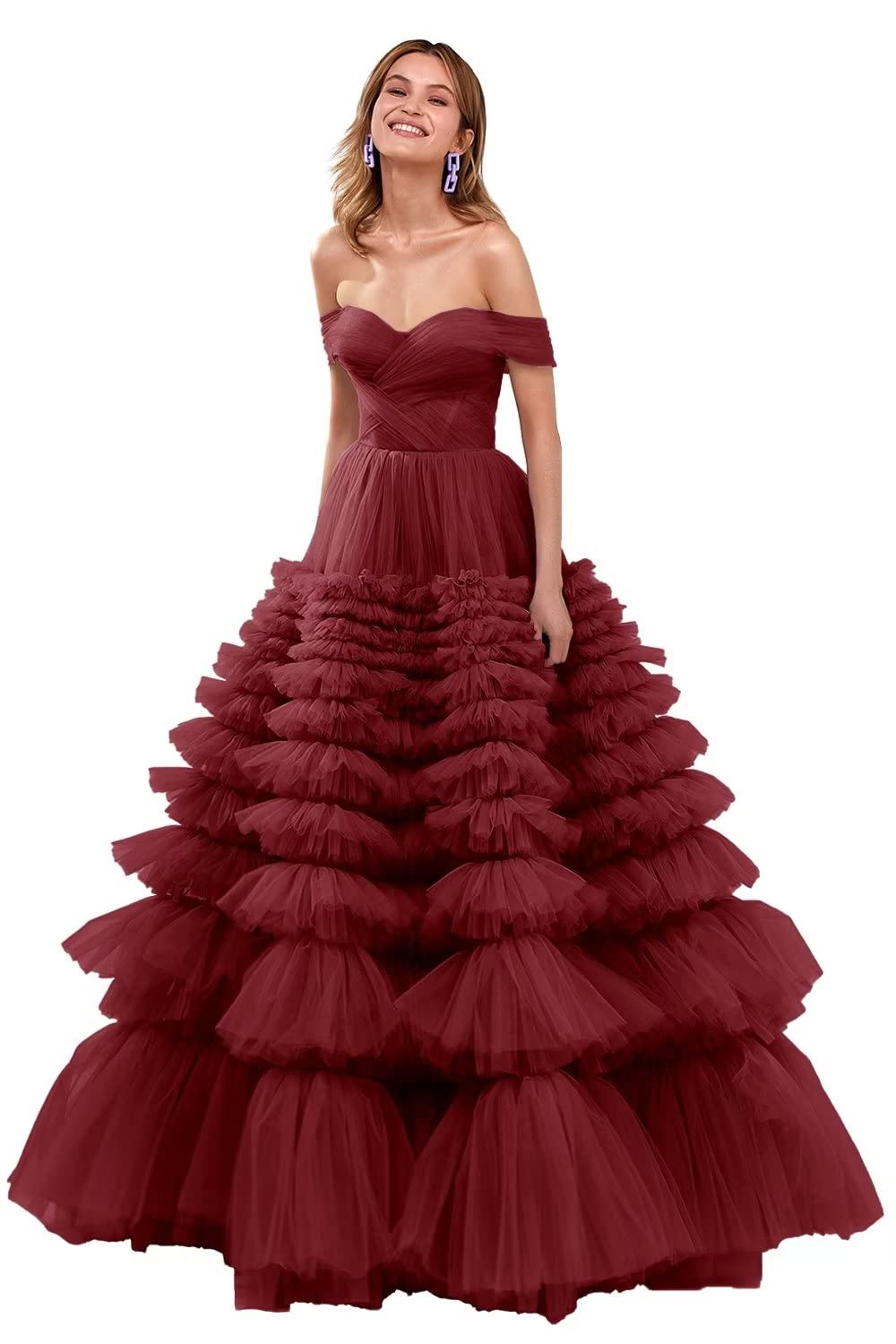 Women's Off Shoulder Prom Dresses Formal Dresses Tulle Ruched Tiered Long Ball Gowns Evening Party Gowns 2023