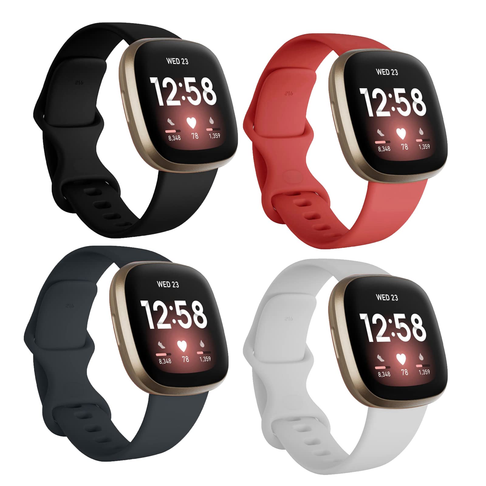 Seleek Replacement Bands Compatible with Fitbit Versa 3 / Versa 4 / Sense/Sense 2, Silicone Adjustable Classic Accessory Wristband Fitness Straps for Women Men （Small，Black/White/Dark grey/Red）