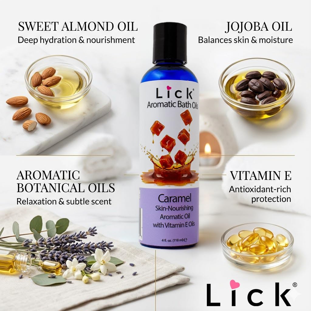 Lick Caramel Aromatic Bath Oil - Dessert Aromas Collection - Lightweight Soaking Oils for Relaxation, 4 oz