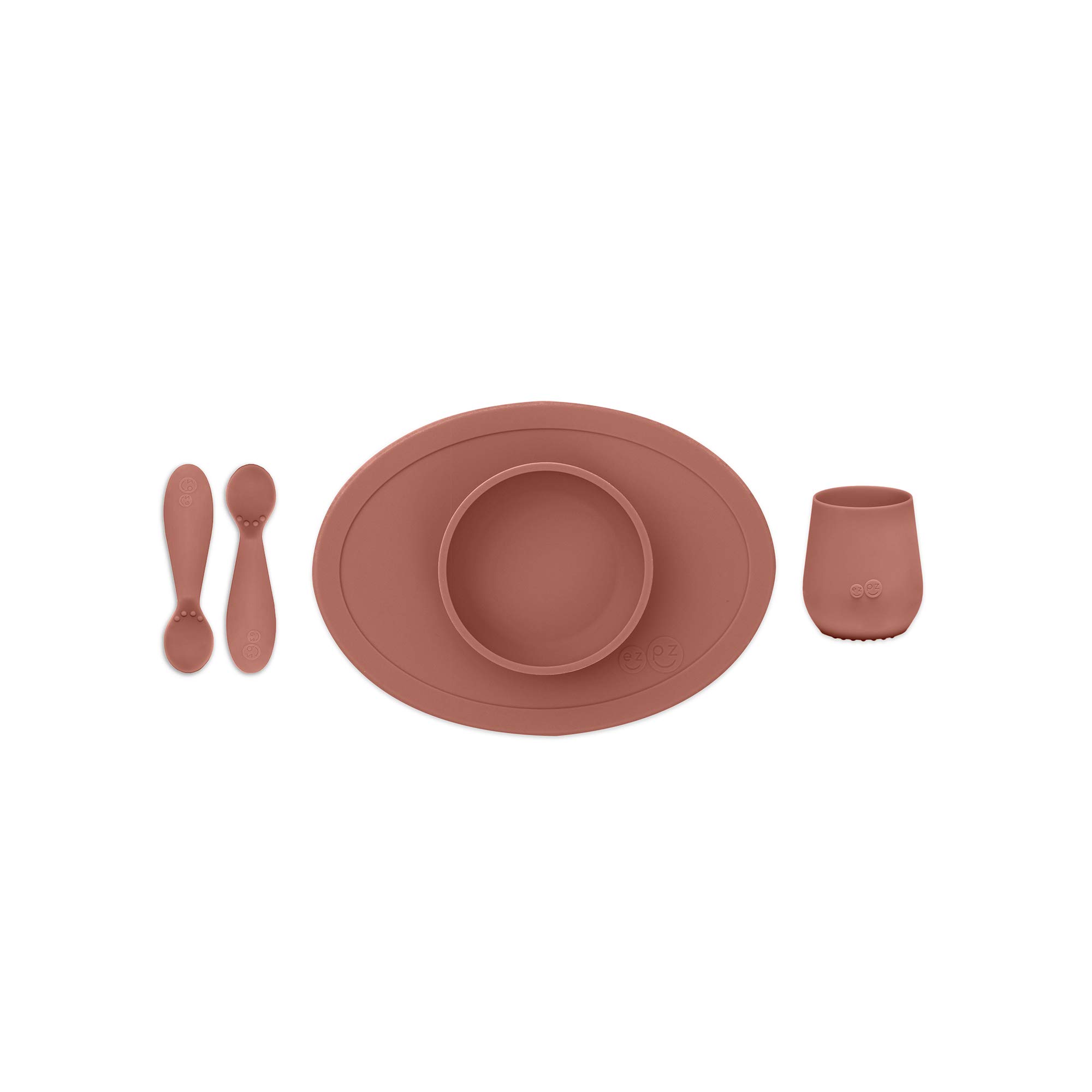 ezpz First Food Set - 100% Food Grade Silicone Suction Bowl with Built-in Placemat, Training Cup & Spoon - Designed by a Pediatric Feeding Specialist - Promotes Self Feeding - 6 Months+ (Sienna)-image-33