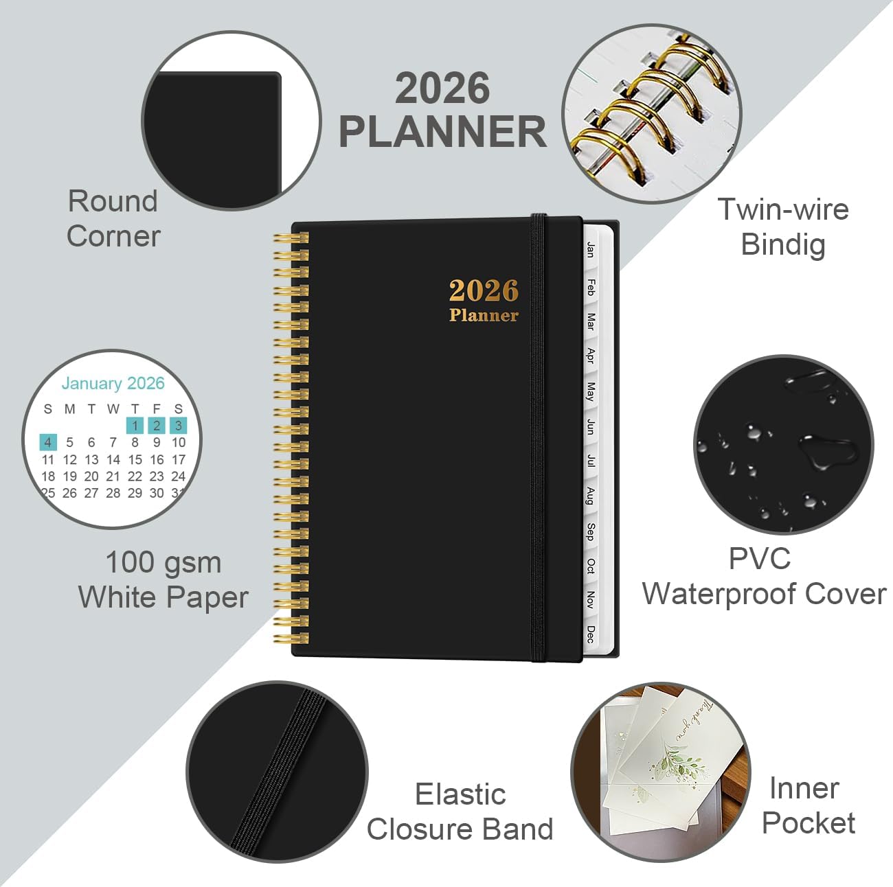 Academic Planner 2026 For Women & Men - Monthly and Weekly Calendar Planner from January 2026 - December 2026, Student Planning with 12 Tabs for Office School Supplies, Inner Pocket, 6.4" x 8.5", Black image 2 of 8 B0DH8N83S2