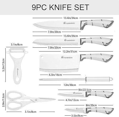 Miniatura 7 de Juego de cuchillos de cocina, Retrosohoo 9 piezas de cuchillos de chef blancos afilados con revestimiento antiadherente sin residuos, juego de