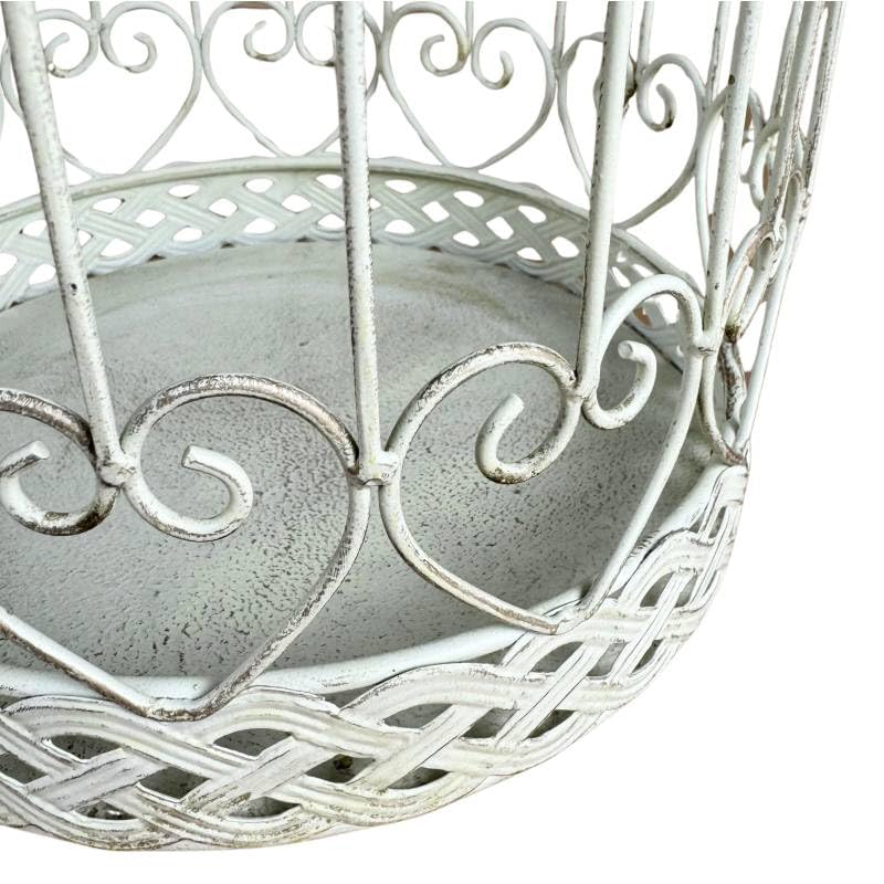 L'Héritier Du Temps Petite Cage à Oiseaux Volière Ronde en Acier Patiné Blanc Abri Décoratif à Suspendre 15,5x15,5x28cm