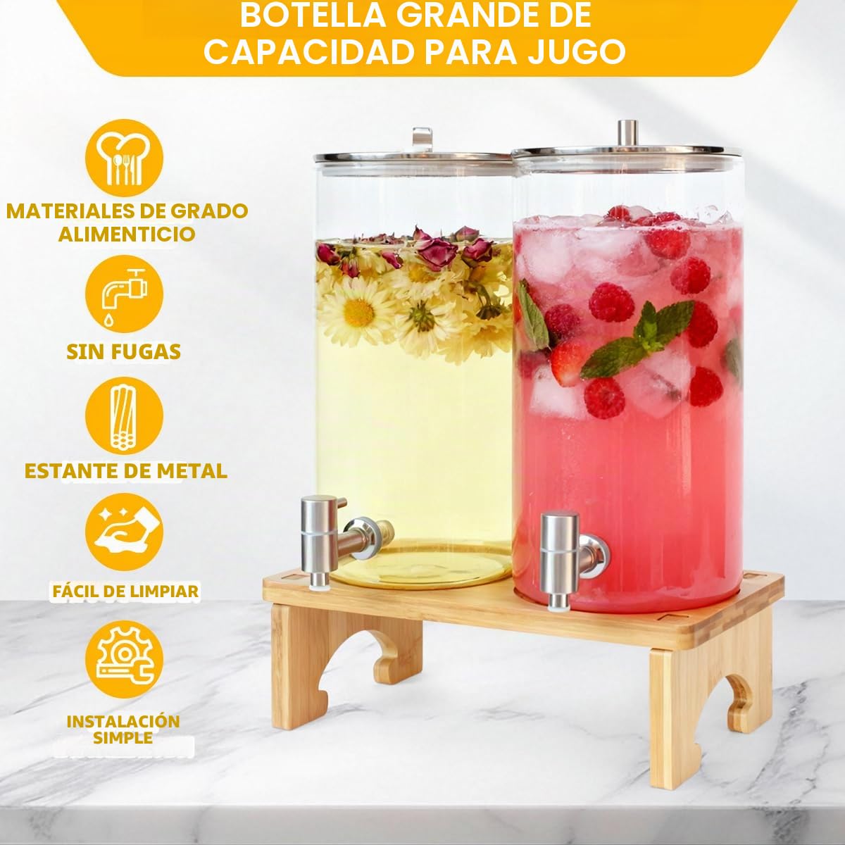 2 x dispensador de bebidas de 6L con soporte, dispensador de bebidas de cristal con grifo de acero inoxidable macizo para jugos helados, agua, bebidas caseras, fiestas, bodas