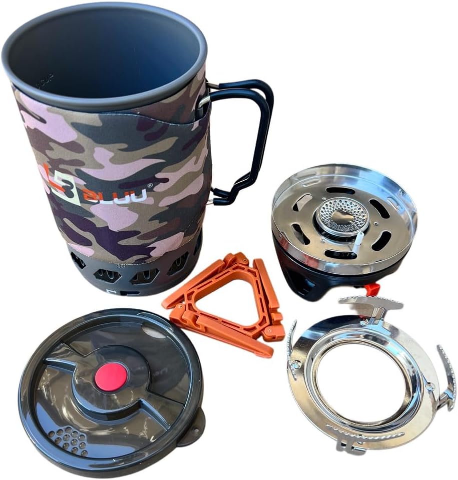 TENKE Backpacking 1000W 1.1L Portable Gas Powered Stove top Cooking System Gear Outdoor Pot Jet Burner Set With Piezo Ignition Ideal for Hiking, Camping, Fishing, Road Trips (BLACK 2, 1100ML)