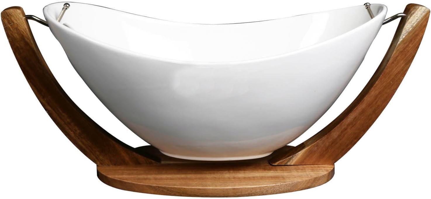 Swinging White Porcelain Fruit Bowl Vegetable Storage On Wood Wooden Stand New