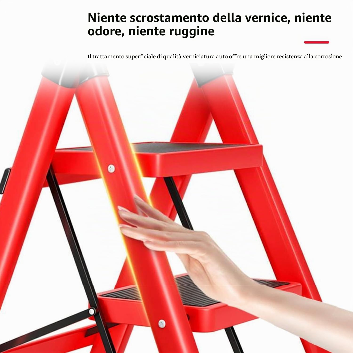 SEVEN COMFORT Scaletta pieghevole con corrimano, 4 gradini, antiscivolo, facile da riporre, ampi gradini, adatta per cucina, casa e soggiorno, portata fino a 150 kg (rosso, 4 livelli)