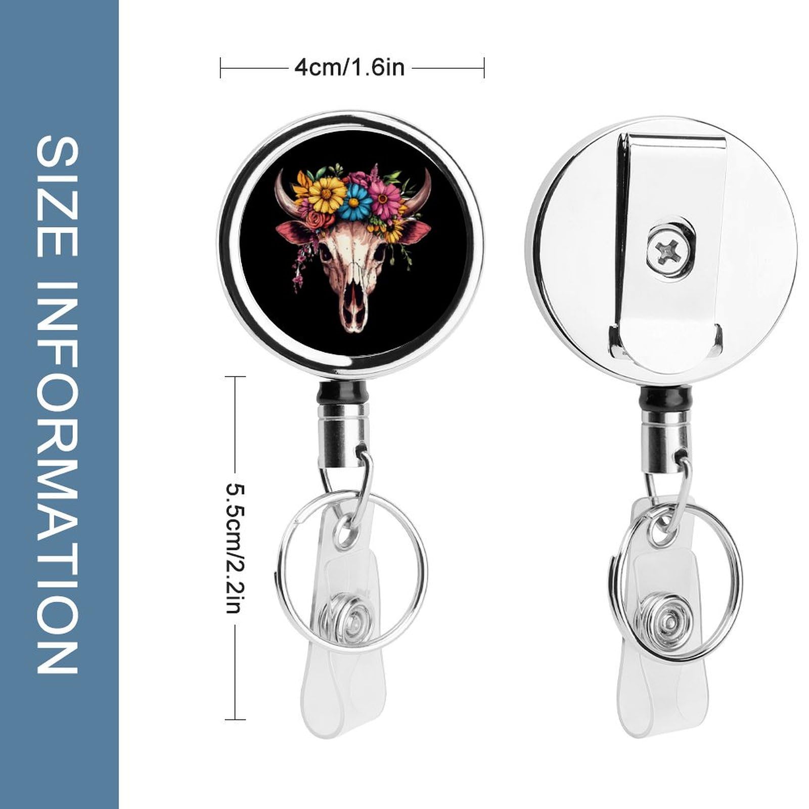 Cow Skull Flowers Retractable Badge Holder Metal ID Name Holder Key Ring with Belt Clip